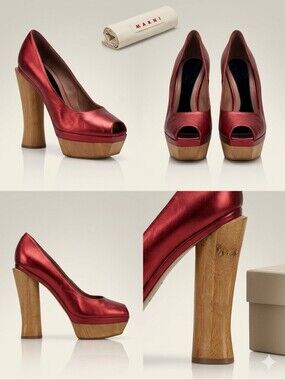 MARNI Luxury Wooden Heels Women's Peep Toe Shoes Size 11 USA